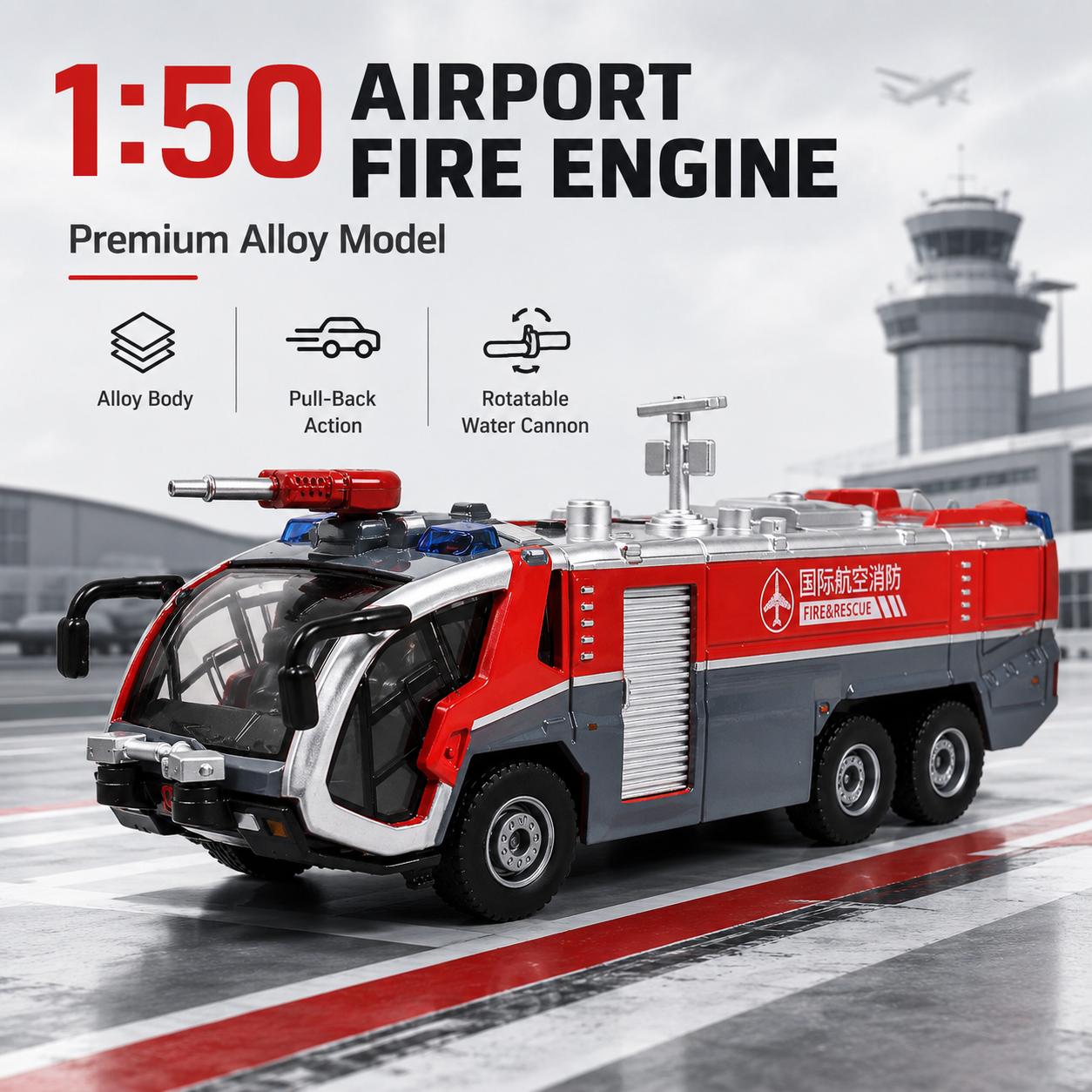 1/50 Flughafen-Feuerwehrwagen Spielzeugauto Diecast Miniaturfahrzeug Ingenieurmodell Sammlung Sound & Licht Geschenk für Freund gray