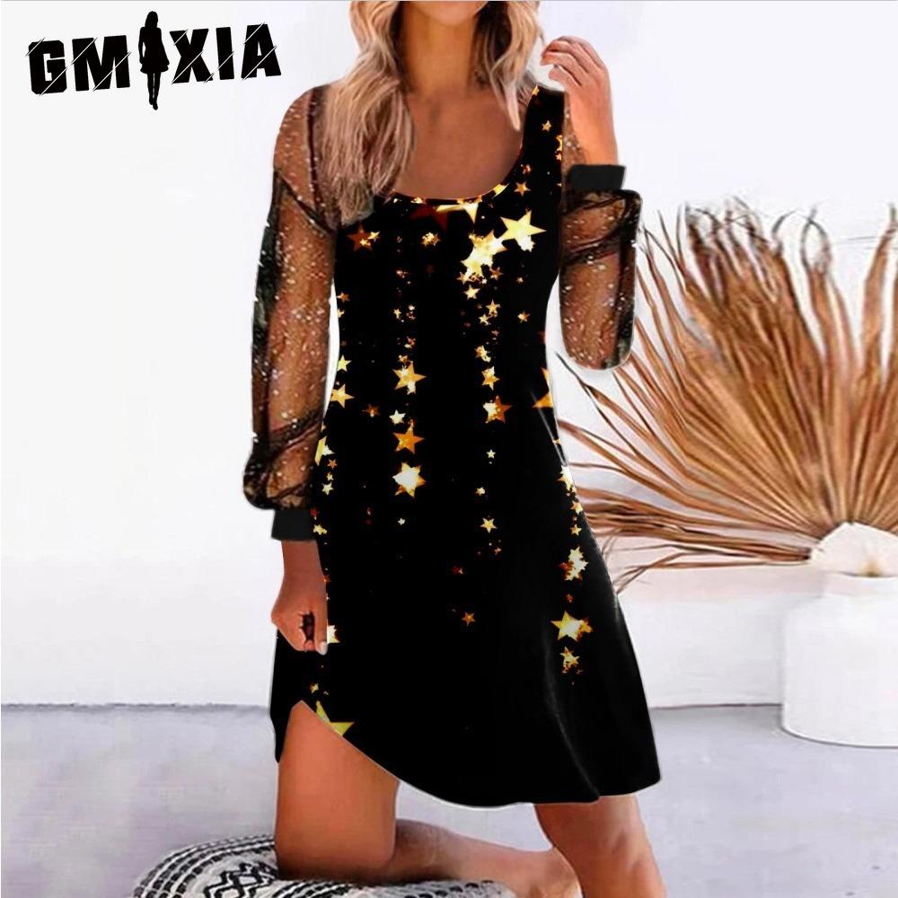 GMXIA Women's Fashion Spring Autumn Solid Color Print Long Sleeve U-Neck High Waist Casual Dresses