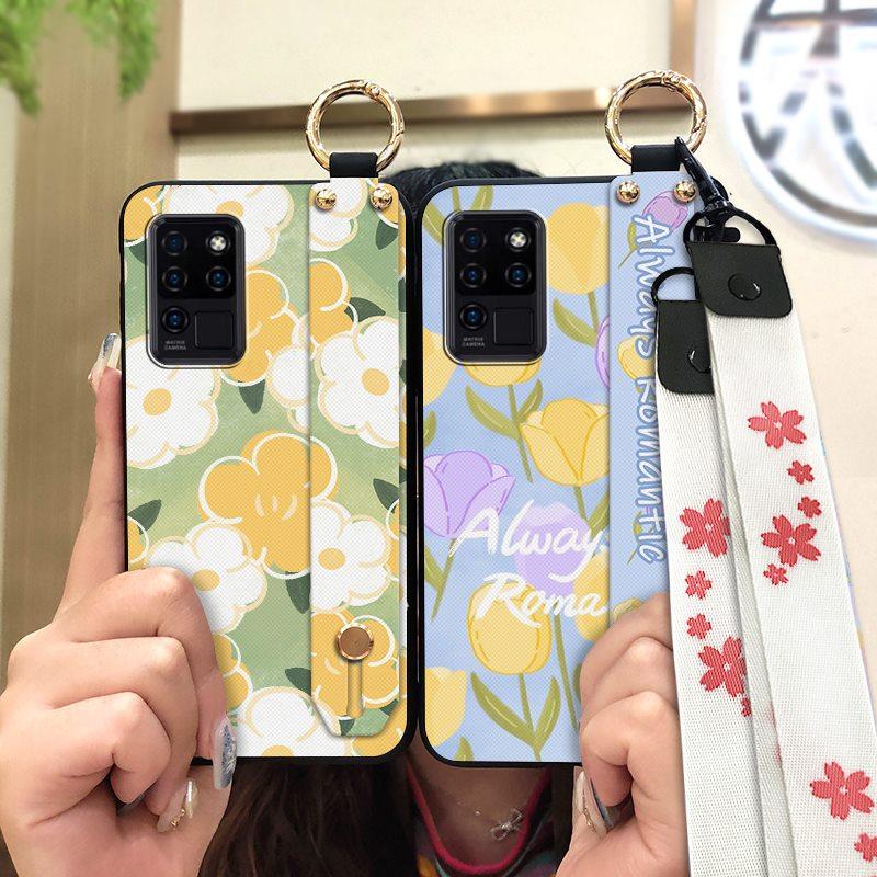 Waterproof Durable Phone Case For Oukitel C21 Wristband Wrist Strap Shockproof Silicone Kickstand Protective Ring Flower