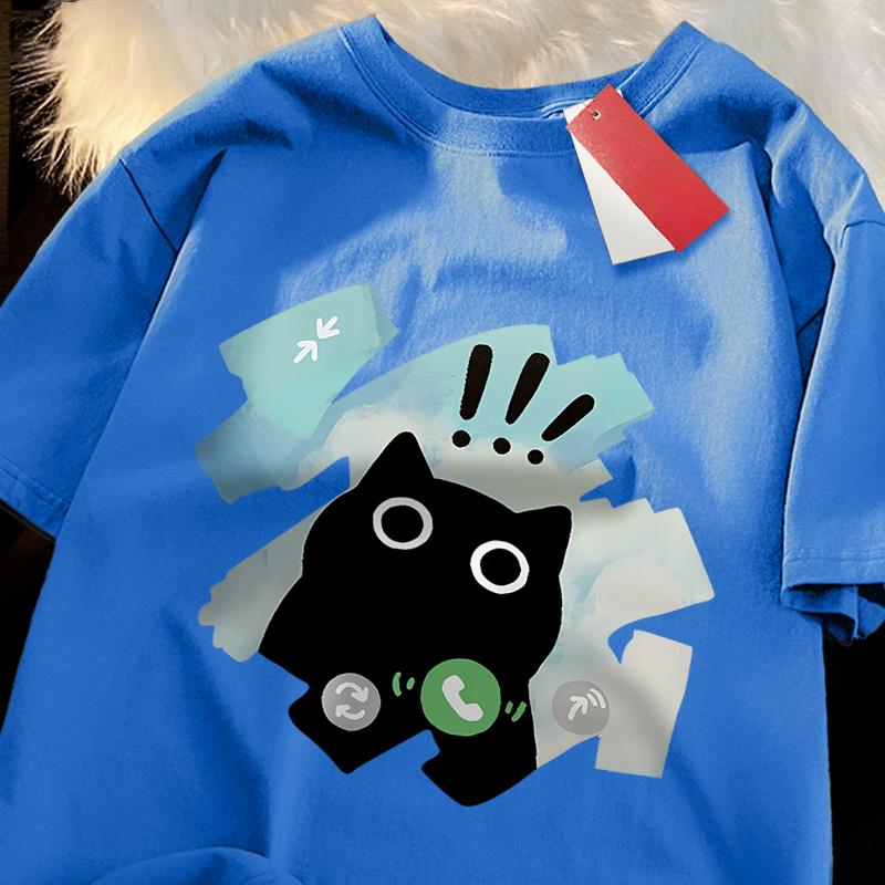 Funny Black Cat Japanese Style T Shirt Men Women Fashion Tshirts Summer 100% Cotton Tops Casual Loose Street T-Shirts