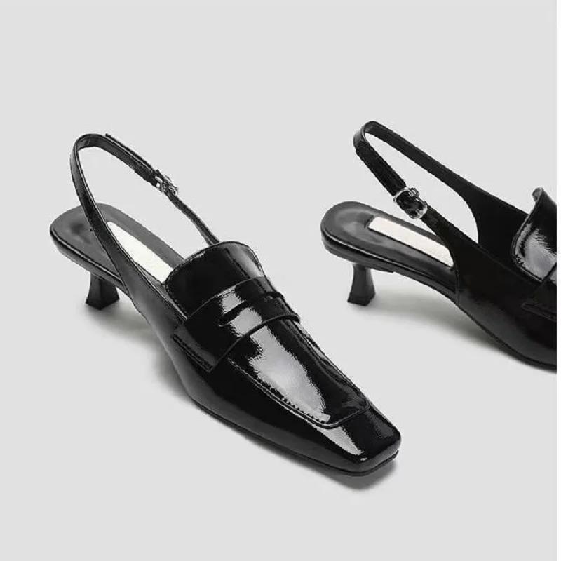 Kitten Heel Slippers Slim Heels Square Toe High Heels Shoes French Baotou Sandals Women's 2025 New Summer Fashion Women Sandals