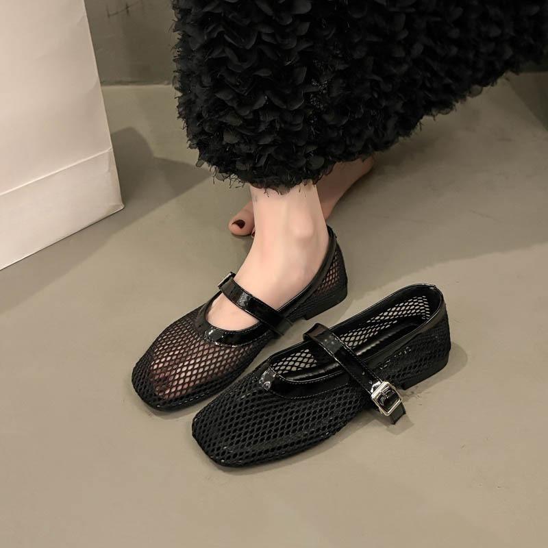 Fashion Summer New Flat Hollow Vintage Mary Women's Shoes Round Toe Shallow Mesh Breathable Versatile Fishnet Soft Sole Single Shoes
