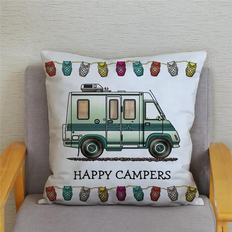 45X45Cm Happy Campers Owl Motorhome Print Pillow Case Soft Polyester Sofa Car Seat/Back Cushion Cover For Home Decor Pillowcases