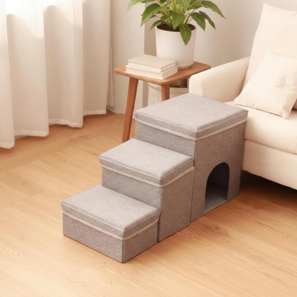 3-Step Pet Stairs Soft Steps with Den Cozy for Sofa, Living Room, Small Dogs
