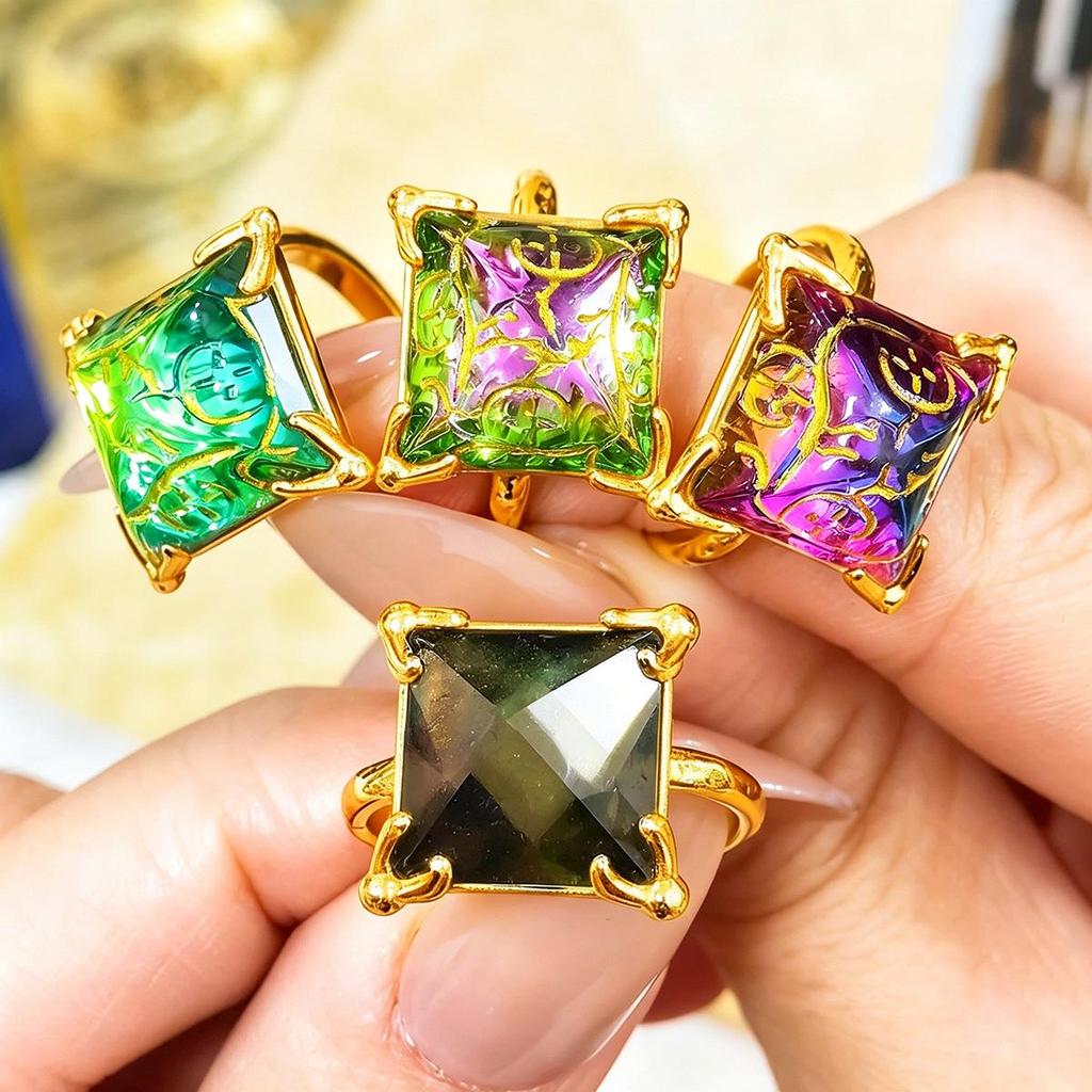 Harry Potter Resurrection Stone Open Ring - Copper Plated, 18K Gold, Color-Changing Lettering, Pyramid-Colored Gem.