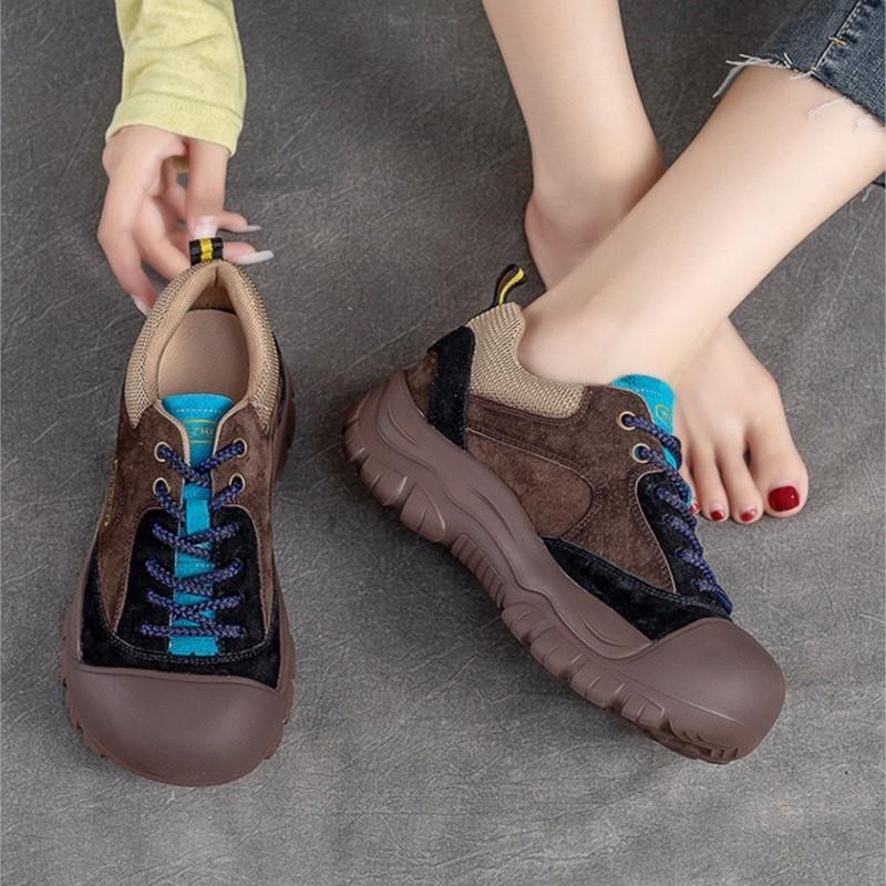 Johnature Podzim Zima Ležérní Boty Ženy Pravá Kůže Smíšené Barvy Kulatá Špička Retro Měkká Podrážka Pohodlné Tenisky