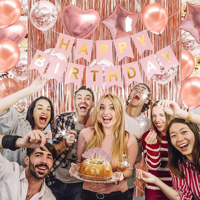 Rose Gold Birthday Flag Balloon Set Party Decorative Pendant, Rose Gold Rain Curtain Birthday Set