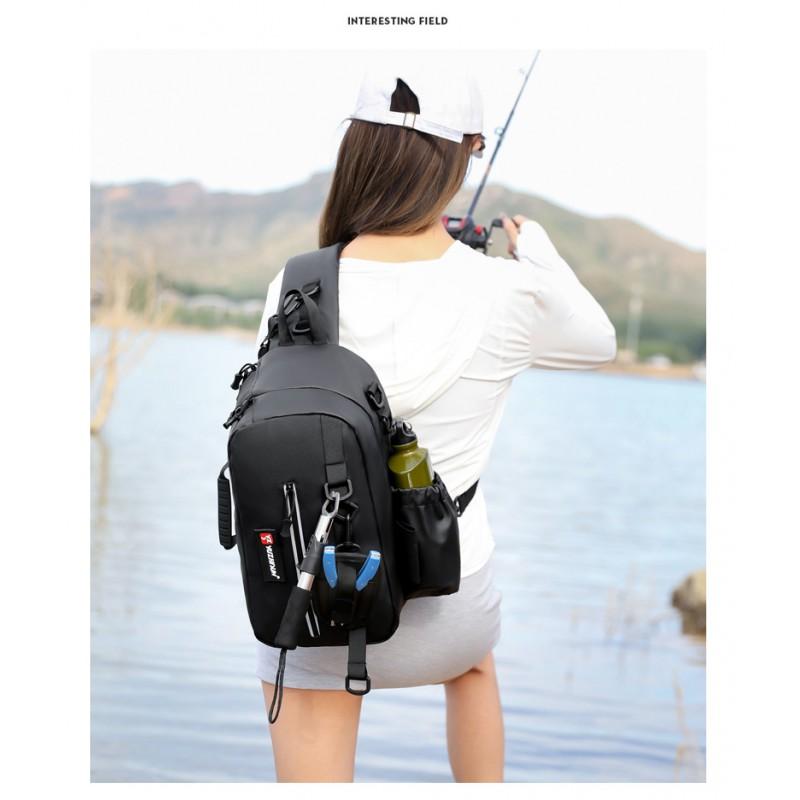 Multi-Compartment Fishing Tackle Bag With Waterproof PVC Construction Adjustable Shoulder Strap Spinning Rods Lures Lines