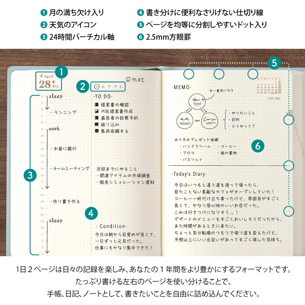 Midori Hibino 2025 Planner, A6, Daily, Limited Edition, Bookmark Included, Blue-Green, 22336006 (Starts January 2025)