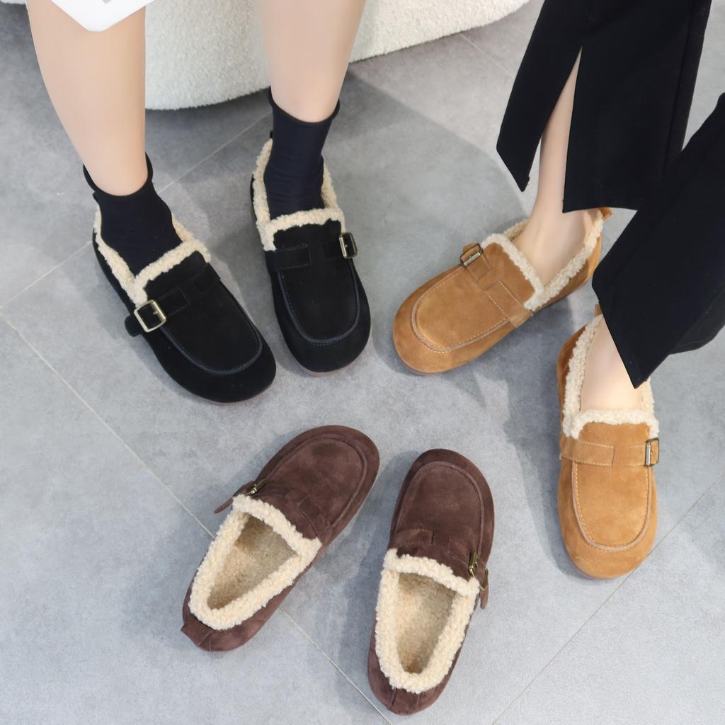Leather plush shoes for women's winter 2025 new popular thickened warm one-pedal flat-bottomed beanie cotton shoes for women