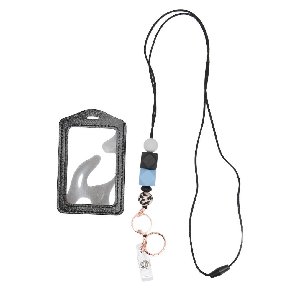Retractable Silicone Beaded Lanyard with Transparent ID Holder PU Material Badge Holder with Lanyard Silicone Beaded