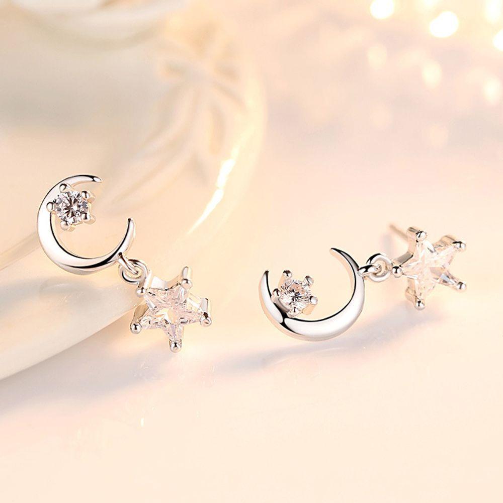 Unbalanced S925 Aaa Grade Star Moon White Silver Needle Earrings