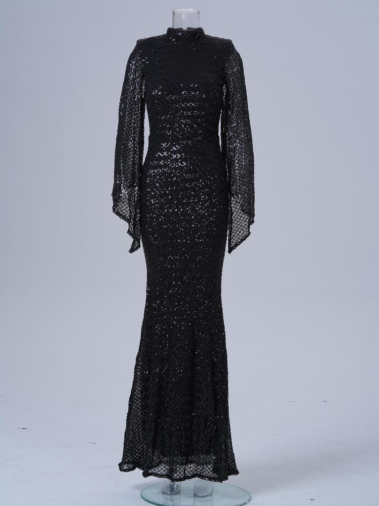 Elegant Sequin Round Neck Long-Sleeved Evening Dress for Bridesmaids
