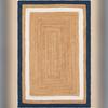 Aizza Trends Indian Handmade Braided Navy Blue & White Boder Natural Jute Area Rug- Jute Rug- Dining Room- Living Room