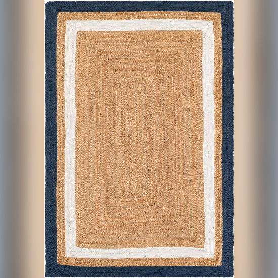 Aizza Trends Indian Handmade Braided Navy Blue & White Boder Natural Jute Area Rug- Jute Rug- Dining Room- Living Room