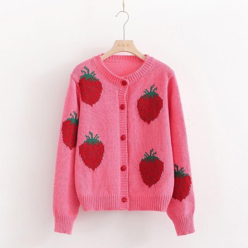 Sweet Aged Strawberry Embroidered Sweater Coat Women Winter Vintage O Neck Contrast Knitted Cardigan Sweater Female Tops