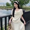 Laoqian Feng's Outfit: Plaid Collar, Ruffled Collar, Shoulder-slit, Knitted Short-sleeved T-shirt, Women's Summer Irregularly Cut Off-shoulder Top