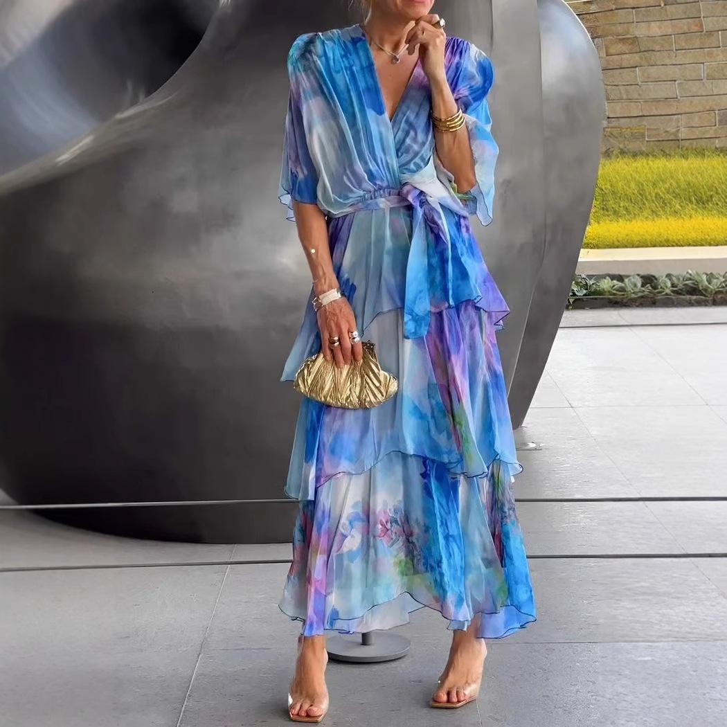 

Платье миди с V-образным вырезом и оборкой по подолу, с рукавами 3/4, женское платье в стиле бохо-шик S синий