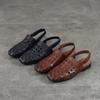 Johnature Real Leather Low Heel Sandals Woven Hollow Out Versatile Square Toe Commuting Women's Shoes