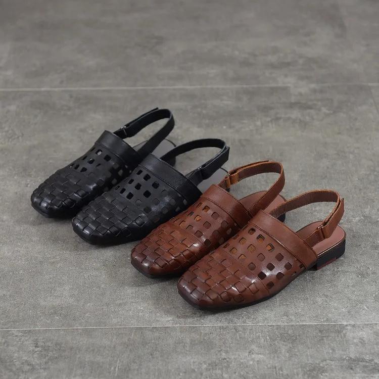 Johnature Real Leather Low Heel Sandals Woven Hollow Out Versatile Square Toe Commuting Women's Shoes