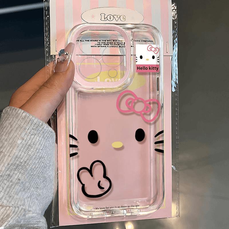 Cute Hello Kitty Bow Print Clear Phone Case Pink Frame Soft TPU Shockproof Transparent Protective Cover For iPhone Apple 17
