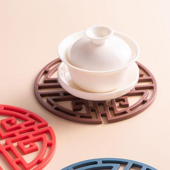 3ks/sada Podložka na nápoje Vyhloubená tepelná izolace Silikonová podložka na stůl v klasickém čínském stylu pro