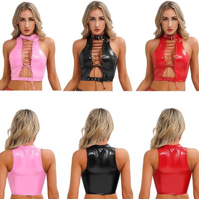 Womens Gothic Vest Hollow Out Eyelet Lace Up Design Wet Look Patent Leather Sleeveless Crop Top