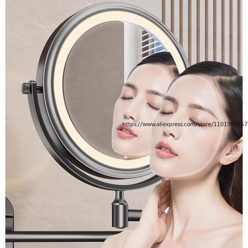 Łazienkowa przyssawka z lusterkiem do makijażu z podświetleniem, montowana na ścianie, wysuwana, składana, bez wiercenia, obrotowe powiększające lusterko kosmetyczne