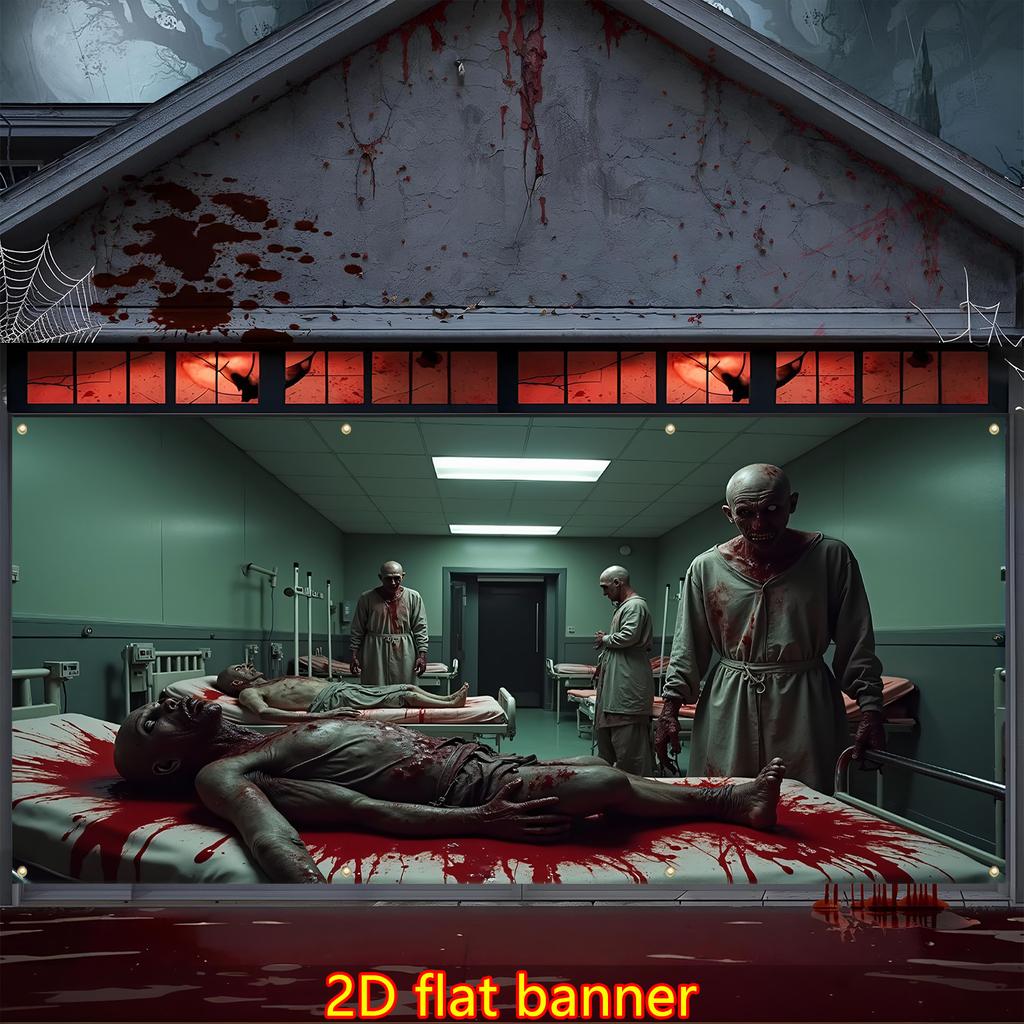2D door banner 1 large horror hospital garage door banner - abandoned morgue scene with zombieszyc