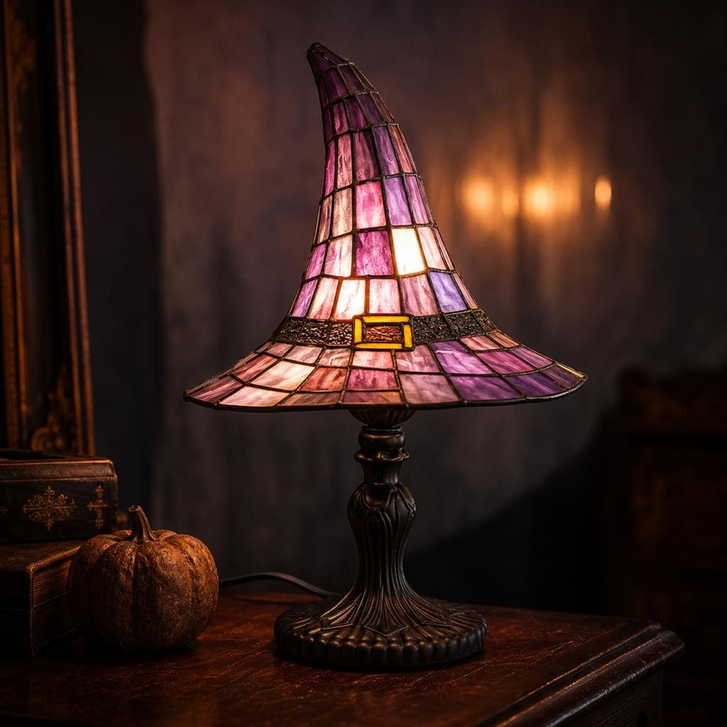 Stained Glass Witch Hat Table Lamp USB Plug In Mosaic Shade Decorative Accent Light for Home Office Party Holiday Decor