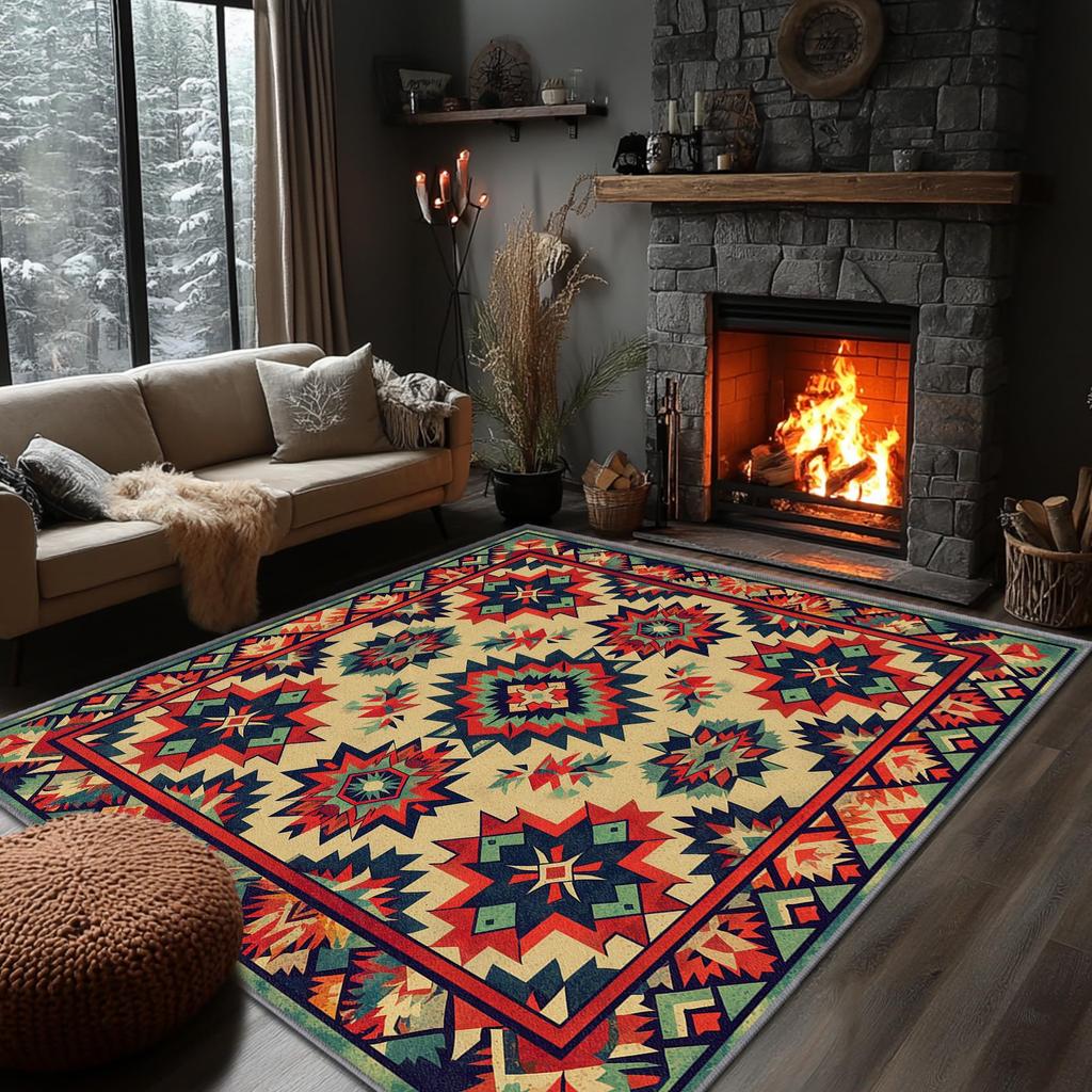 Southwestern Aztec Star Print Area Rug, Turquoise & Orange Tribal Design Non-Slip Floor Mat for Living Room Bedroom Home Decor