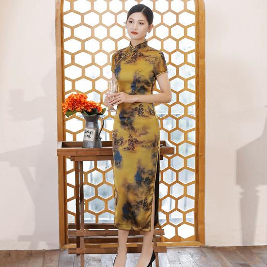 Lady Cheongsam Smooth Dress Tight Chinese Up Waist Style Landscape Painting Print Split Hem Traditional Qipao