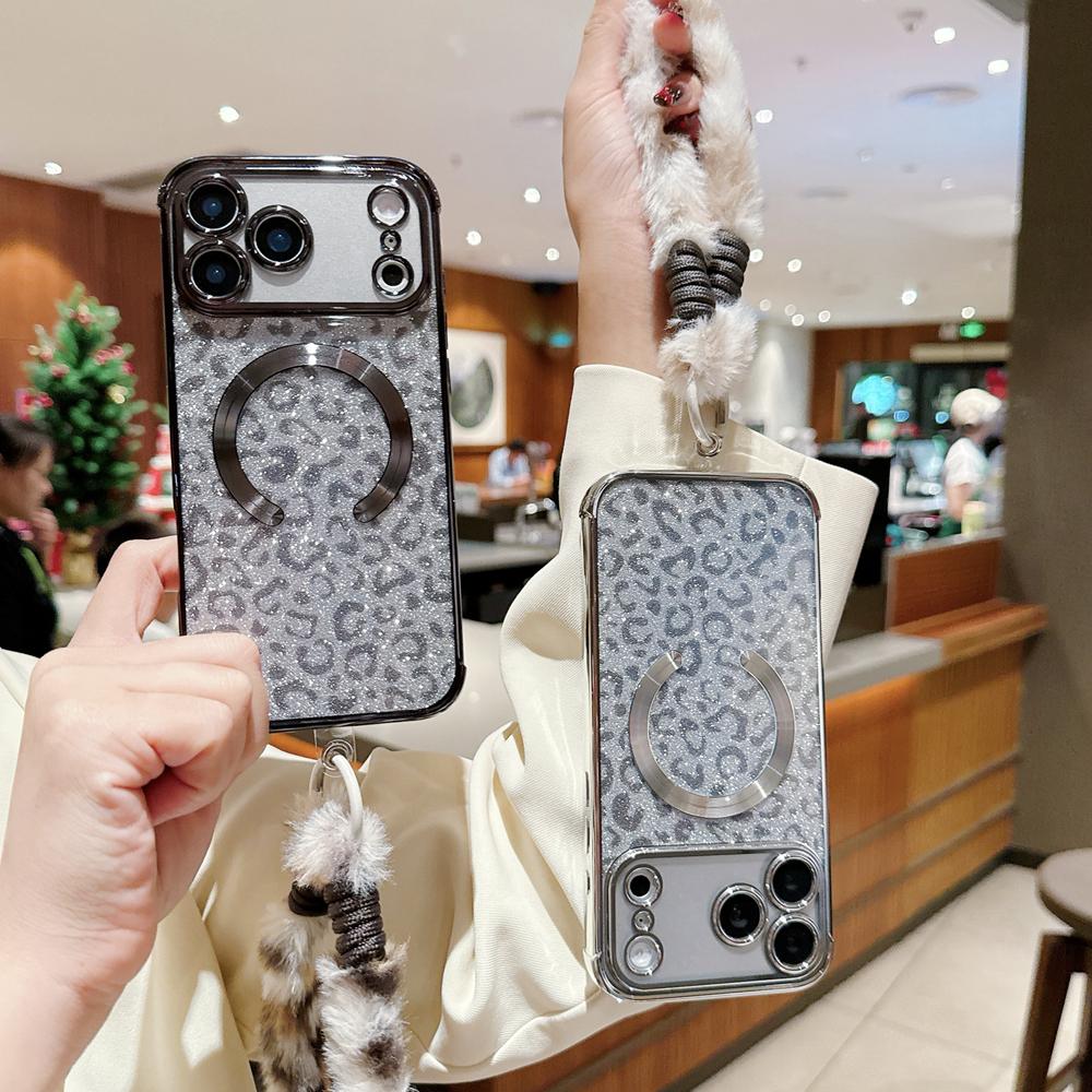 KEYSION Glitter Leopard Print Magnetic Phone Case for iPhone 13 14 15 16 17 Pro Max 17 Air 16 Plus With Plush Lanyard Shockproof Cover