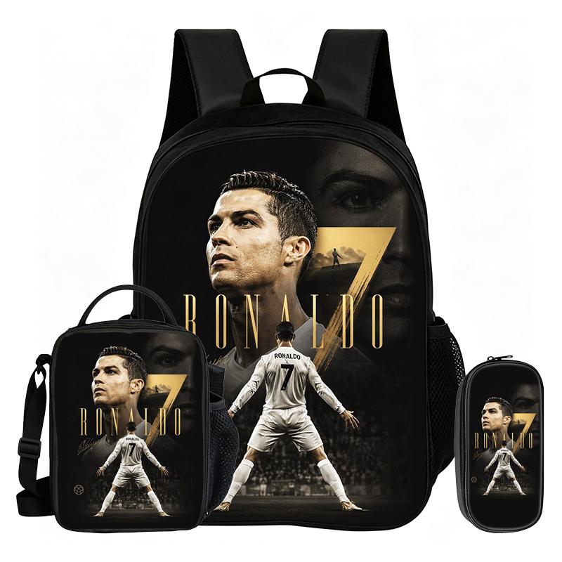 Ronaldo 3Pcs Set School Backpack Football Sport Backpack,Pencil Bags,with Lunch bag,Football Star Bookbag Knapsack