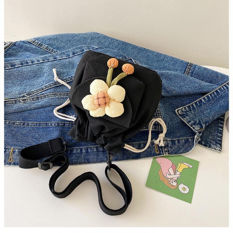 Cute Girl Crossbody Bag Casual Shoulder Bag Women Japanese Minimalist Drawstring Bucket Bag New Floral Design