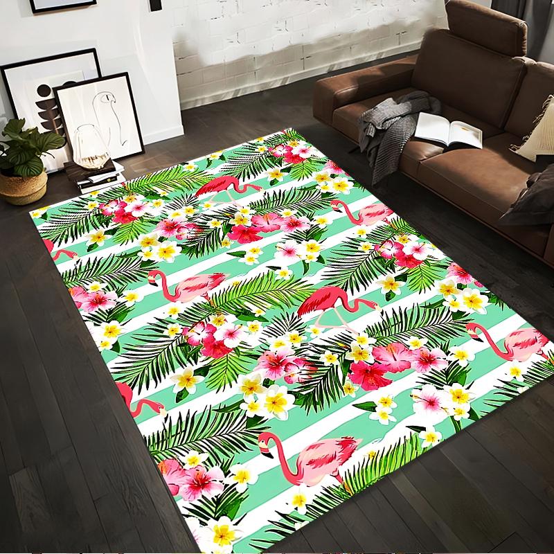 Tropical Flamingo and Floral Striped Carpet with Green Palm Leaves Suitable for use as an anti-slip for living room bedroom sofas
