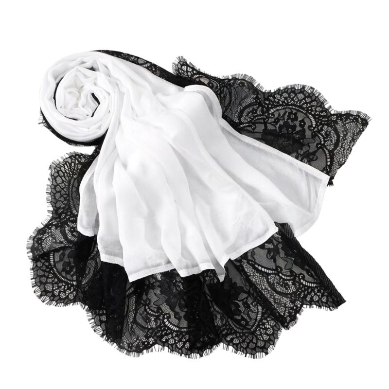 Elegant Lace Trimmed Long Turban Scarf With Lace Trim Design And Hollowed Out Embellishment For Women 100x200cm белый