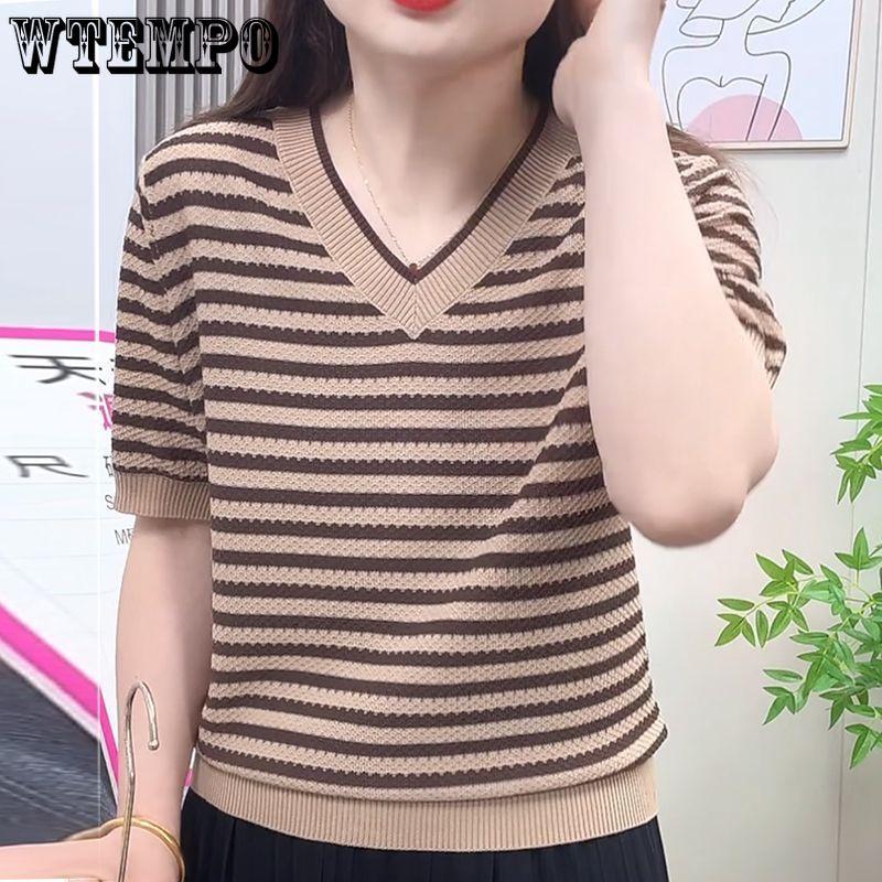 Summer Women's Plus Collar Knitted Sweater Loose and Slimming Top Striped Ice Silk T-shirt Top