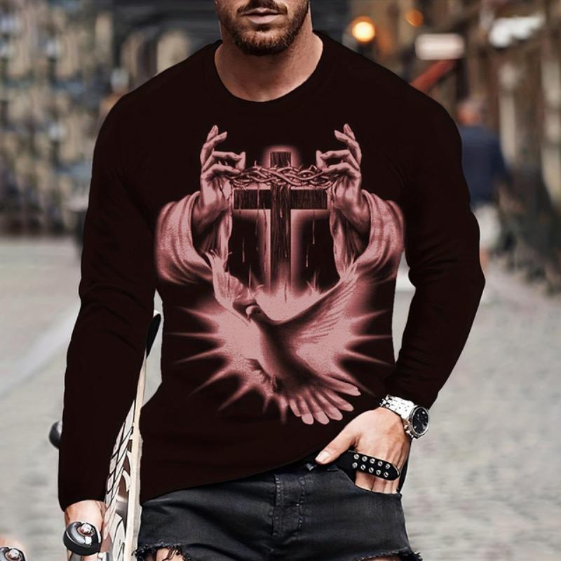 Mens T Shirt Autumn Long Sleeve Top Lion Pattern Clothing Casual O Neck Oversized Cross Print Pullover Autumn Mens T Shirt