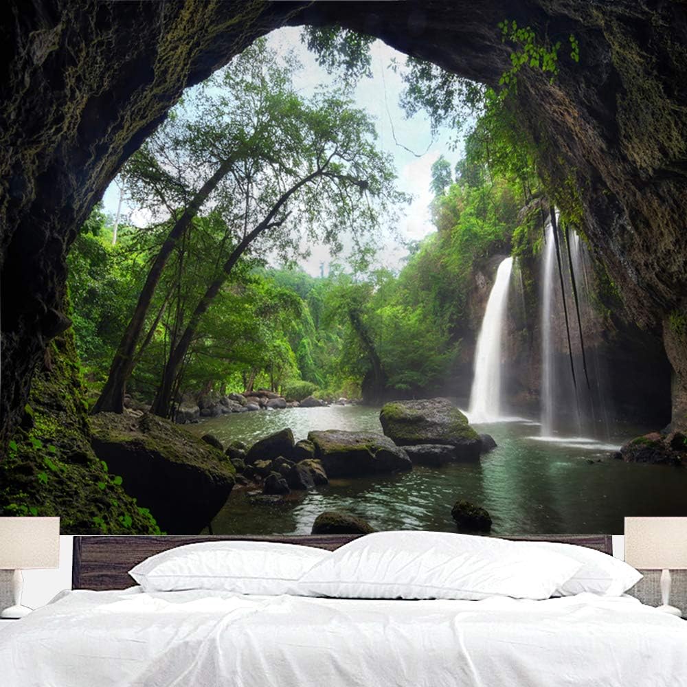 Waterfall Tapestry Backdrop Forest Landscape Tapestry Wall Hanging Lake River Natural Scenery Background Living Room Dorm Decor