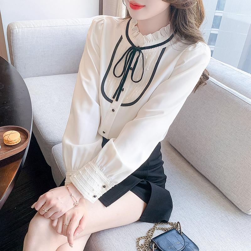 New 2024 Fashion Autumn Long Sleeve Casual Lace Up Ruffled Collar Blouse Shirt Women Tops Blouses Shirts J449