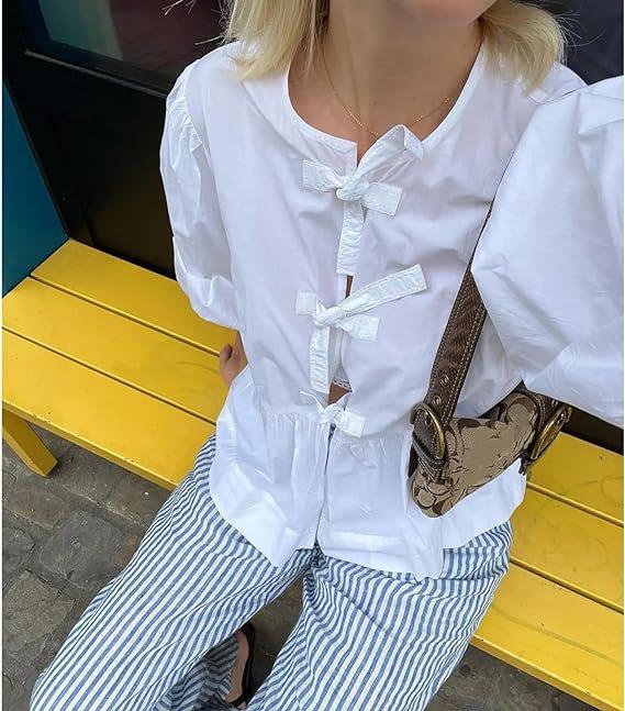 2024 Sweet Casual Puff Sleeve Tie-Up Shirt
