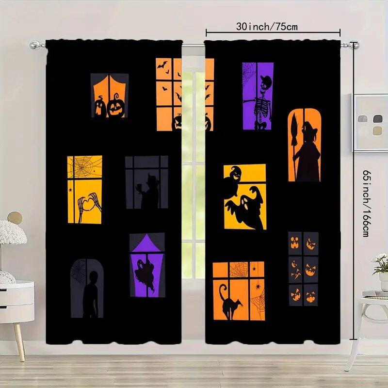 Set Of 2 Halloween Themed Pattern Printed Curtains Window Decorations Home Room Curtain Made Polyester
