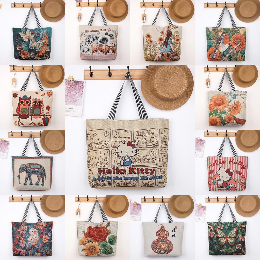 Elephant Hello Kitty Butterfly Embroidered Canvas Tote Bag With Seamed Stitching For Daily Use