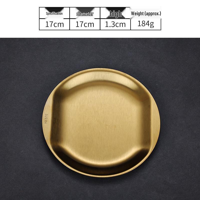 Korean Style Golden Round Plate - Shallow Plate for Snacks, Western Food, Steak, BBQ, and Desserts.