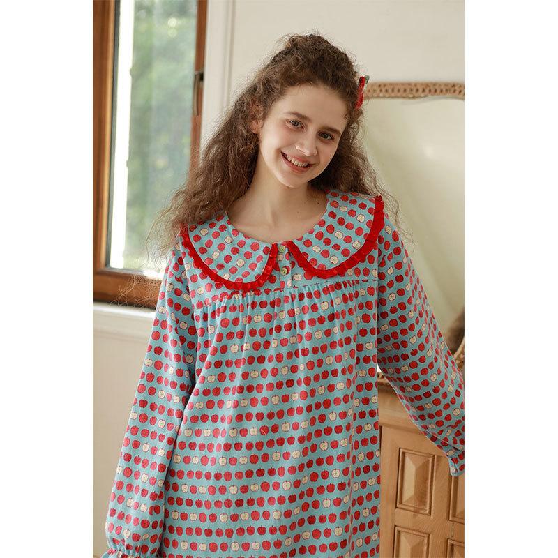 Autumn and winter new women's cotton polished loungewear sweet and cute lapel fungus edge soft and comfortable long-sleeved nightdress