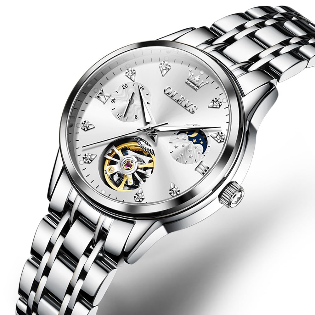 OLEVS Ladies Watch Mechanical Automatic Cute Arm Watch Ladies Watch Waterproof Luminous Diamond Sparkling Ladies Watch Date Ladies Watch White