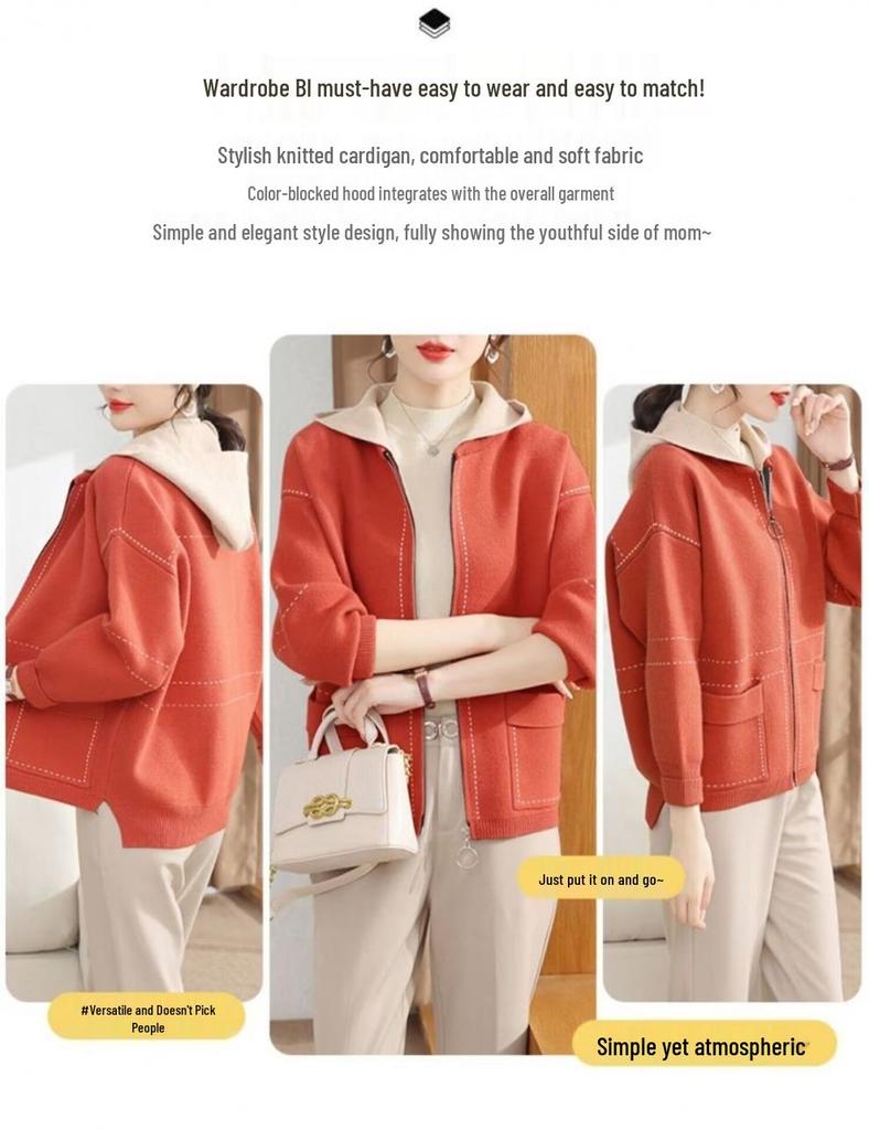 2024 Spring & Autumn Knitted Hooded Cardigan for Middle-Aged & Elderly Women