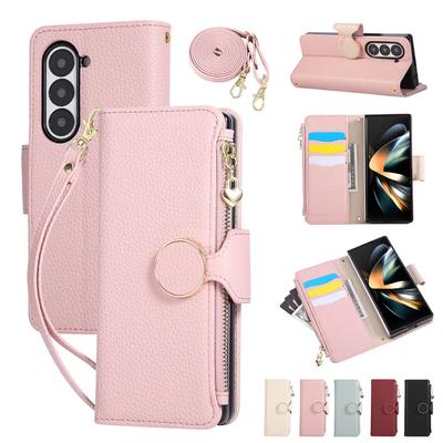 Crossbody Wrist Strap Zipper Wallet Cards Holder Phone Case for Samsung Galaxy Z Fold 7 6 5 4 Fold7 Fold6 Lanyard Leather Cover