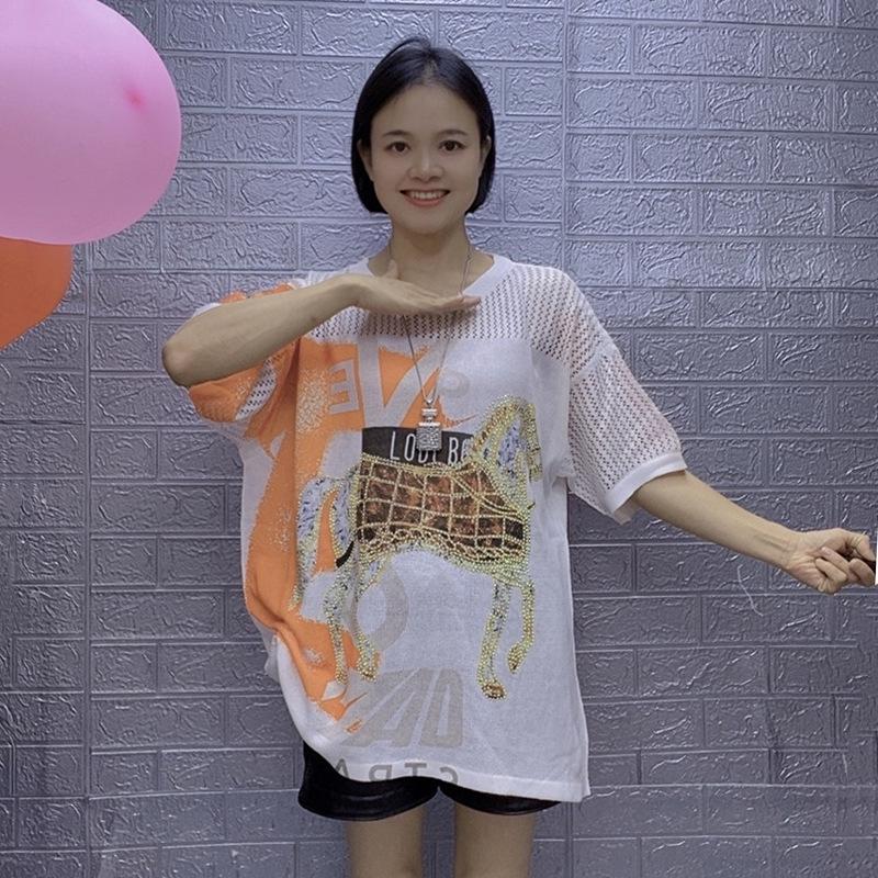 

Plus Size Horse Print Hotfix Summer Short Sleeve Hollow Out Knit Casual Top for Women One Size (fits 85-170 jin)